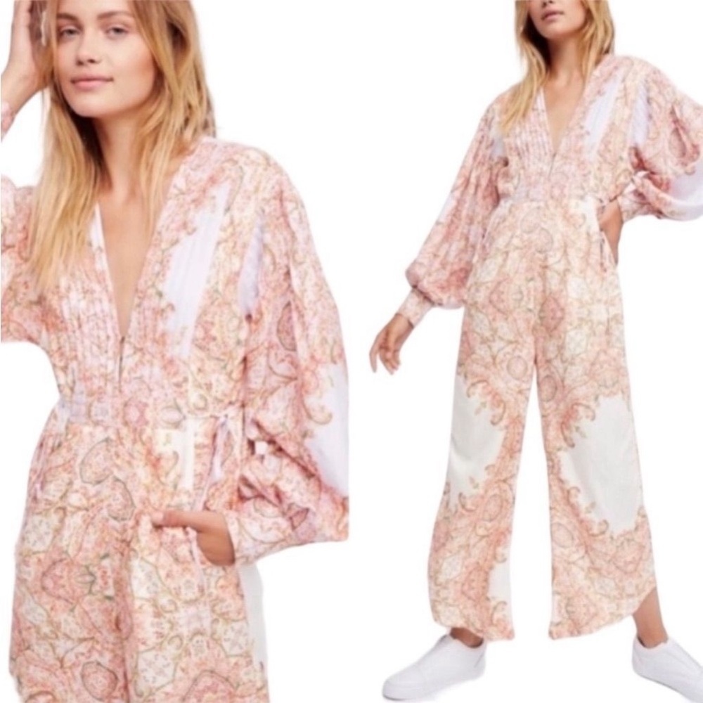 Free People Blooming Fields Jumpsuit puff sleeve size small